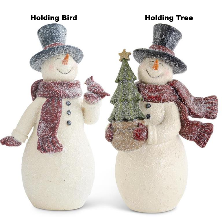 Two 10.5-inch glittered resin vintage snowmen, one holding a bird and one holding a Christmas tree.