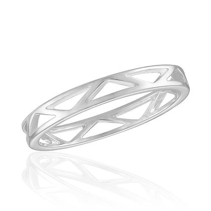 Silver cut-out geometric band stack ring with a triangular pattern on a white background.