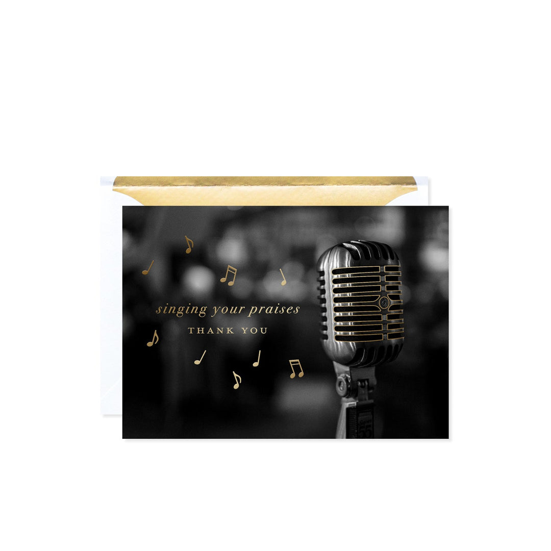 Thank you card with a vintage microphone and musical notes, reading "Singing Your Praises Thank You".