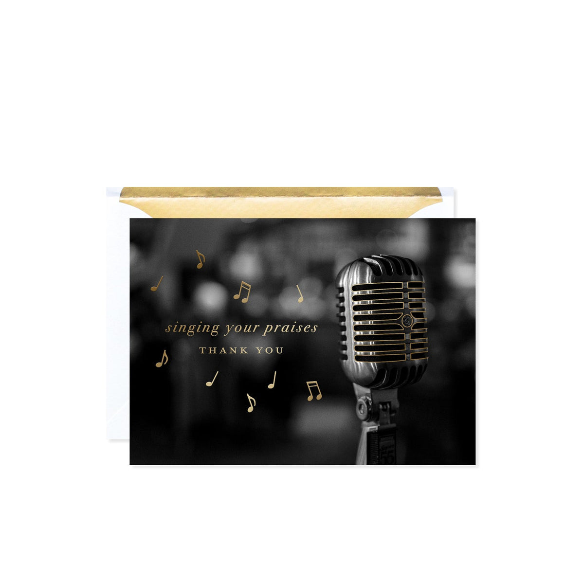 Thank you card with a vintage microphone and musical notes, reading "Singing Your Praises Thank You".