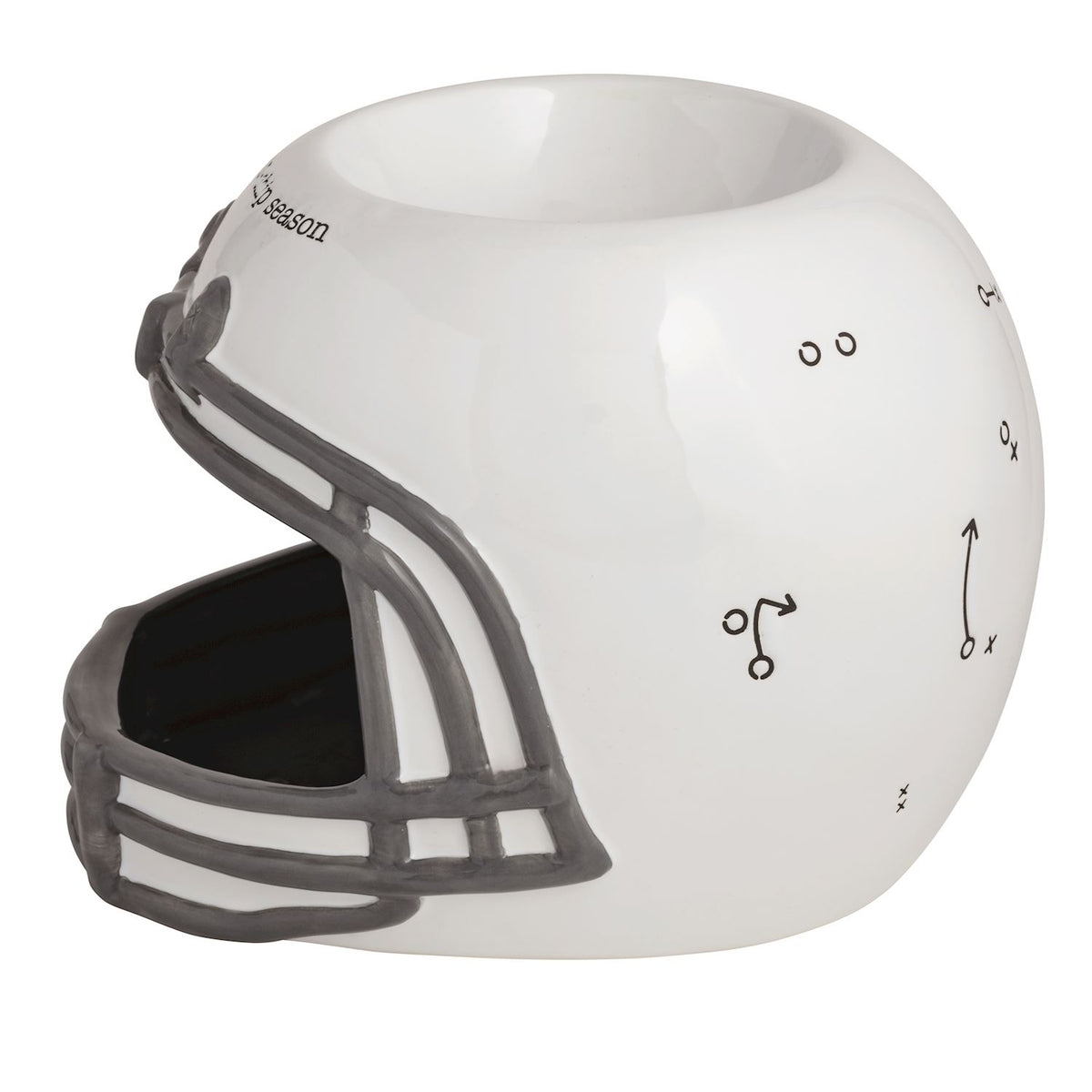 White ceramic football helmet chip and dip server with hand-painted play diagrams and grey facemask.