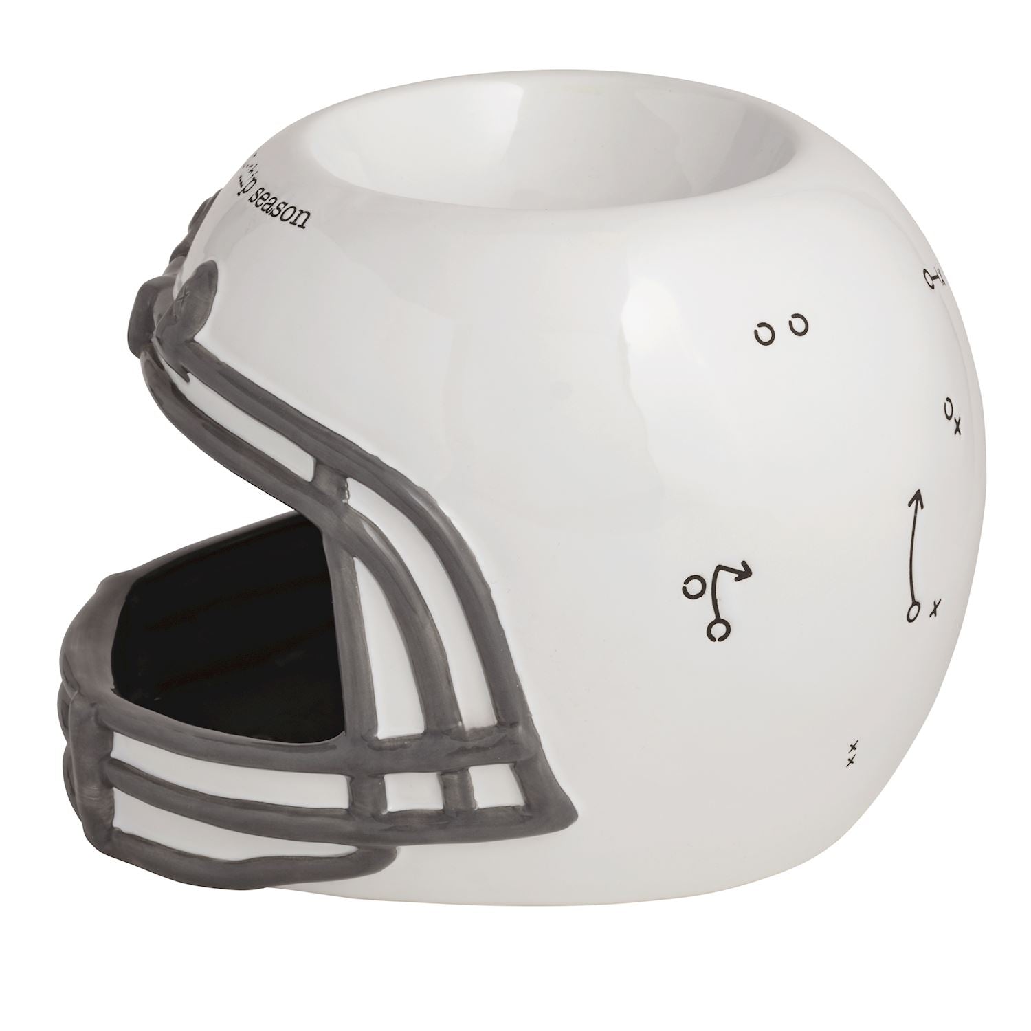 White ceramic football helmet chip and dip server with hand-painted play diagrams and grey facemask.