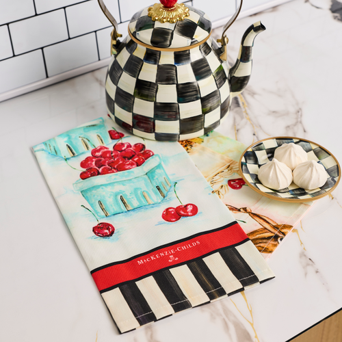 Cherry Bake Shop Printed Dish Towel with cherry basket design and black and white stripes.
