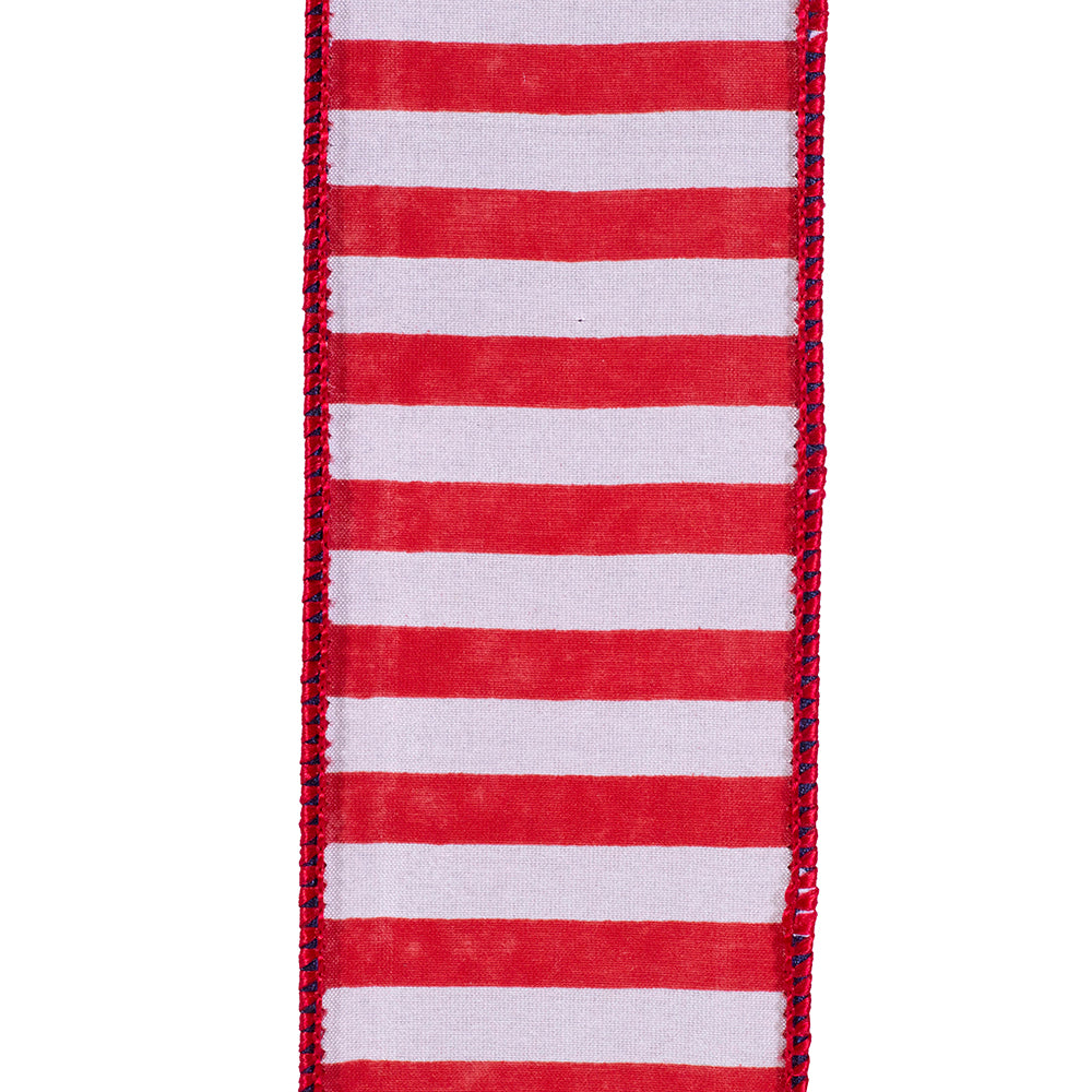 Navy dupioni ribbon with red striped backing wired edge in a 2.5-inch width.