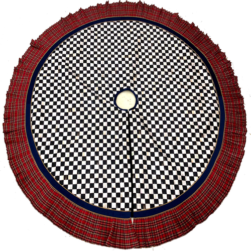 Timeless Tartan 60 inch tree skirt with black and white checkered center and red plaid ruffled edge.