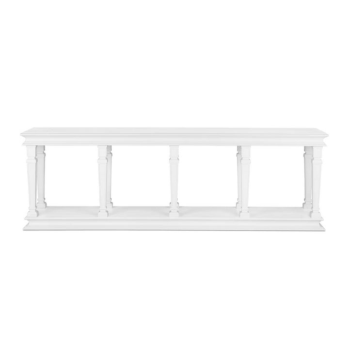 Camelot Grand Console in whitewash finish with a long rectangular top and five carved legs.