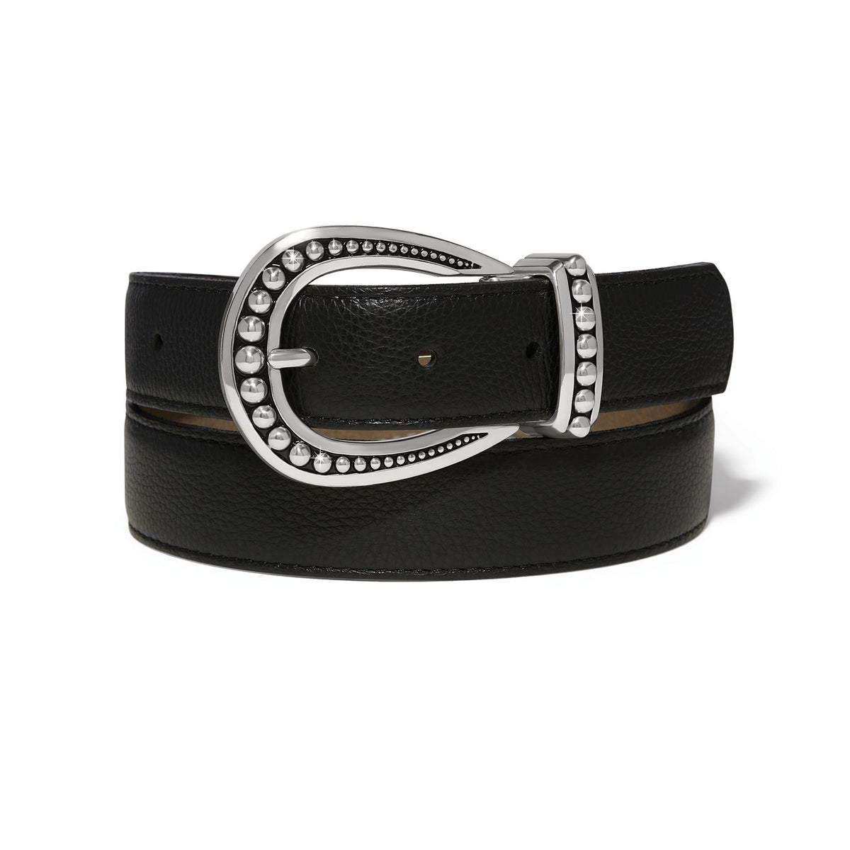 Reversible leather belt in black with a concrete side, featuring a buckle closure.