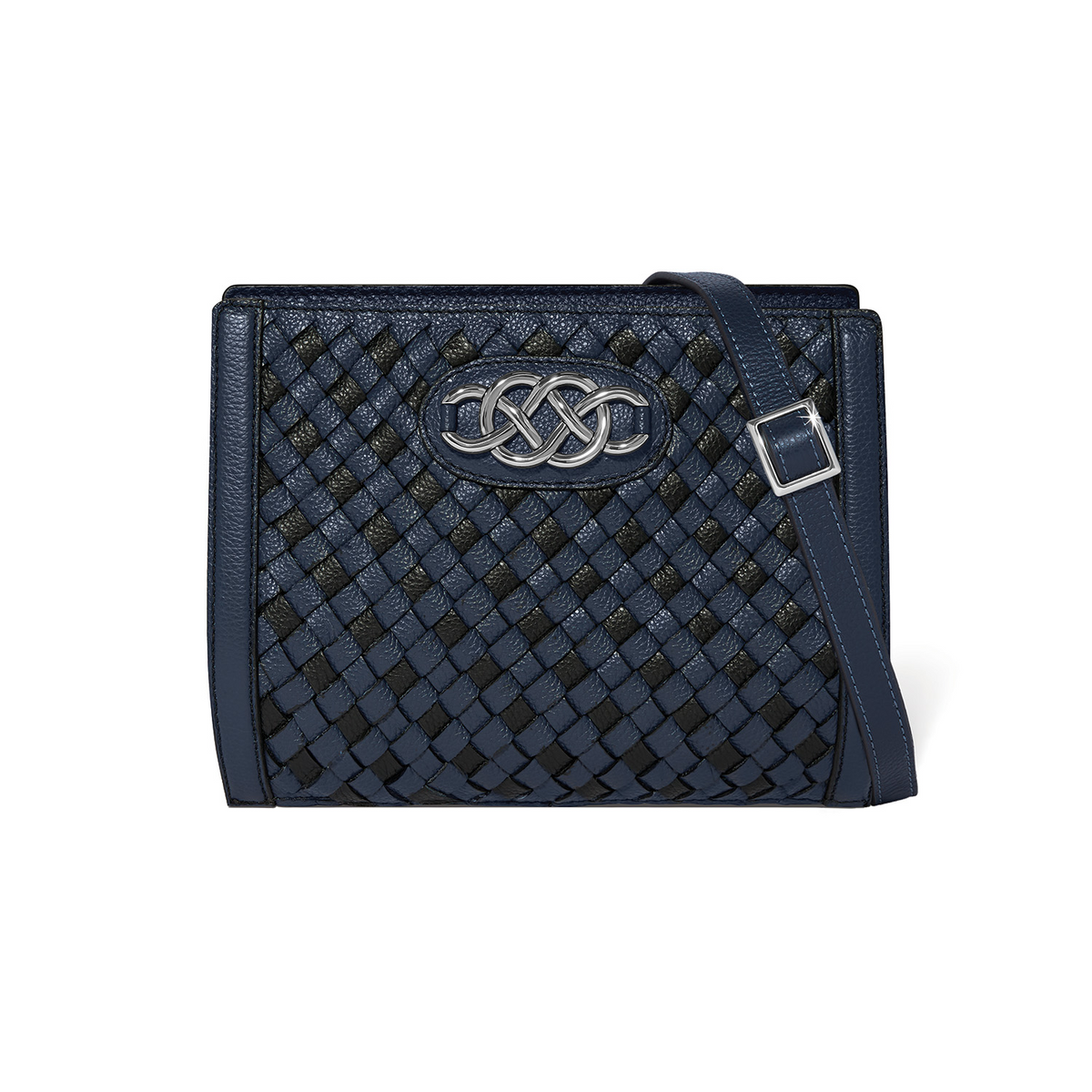 Midnight blue and black braided leather organizer bag with silver Interlok hardware and strap.