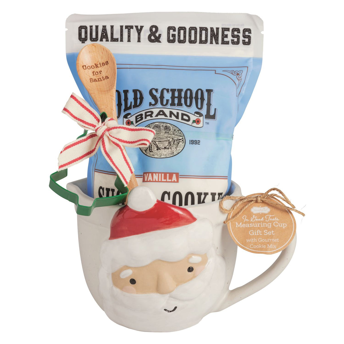 Santa face stoneware measuring cup gift set with vanilla cookie mix, wooden spoon, and star cutter.