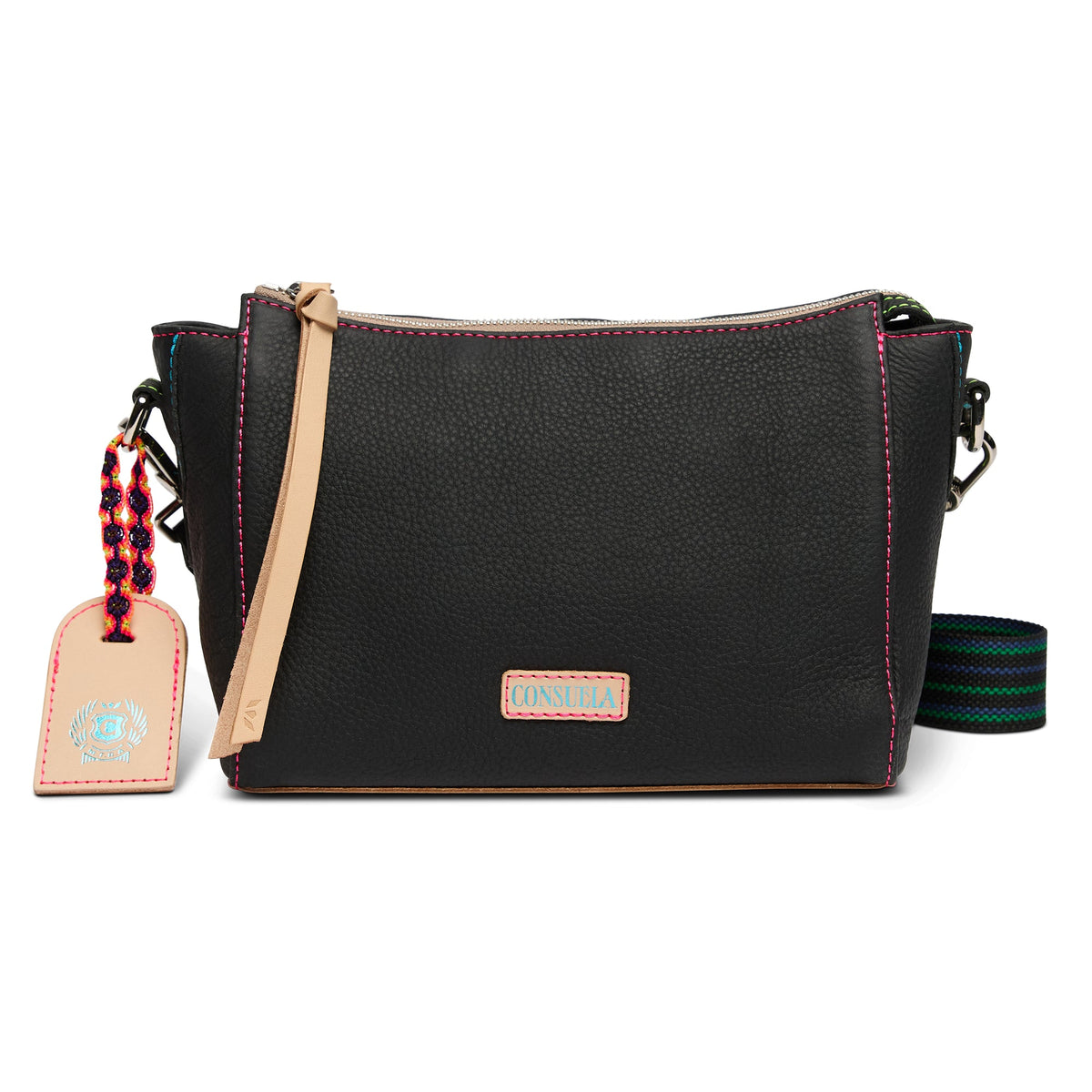 Natural untreated leather City Bag with zipper closure, interior slide pocket, credit card slots, and adjustable woven crossbody strap.