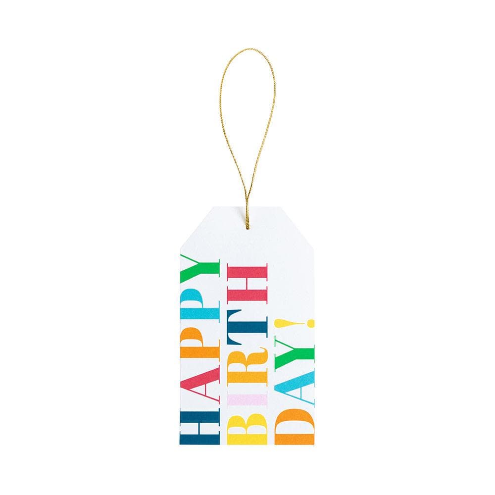 Happy Birthday hanging gift tag on a string with classic shape