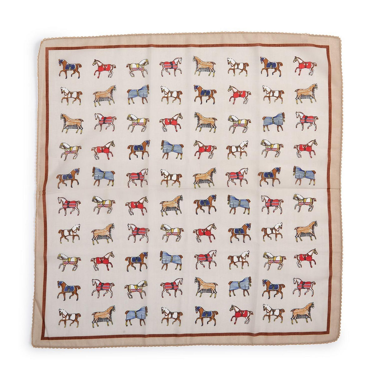 Square cream scarf with a grid pattern of colorful illustrated horses and a delicate lace trim.
