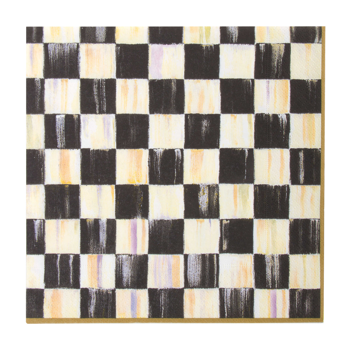 Courtly Check paper dinner napkins with a hand-painted black and white pattern and gold border.