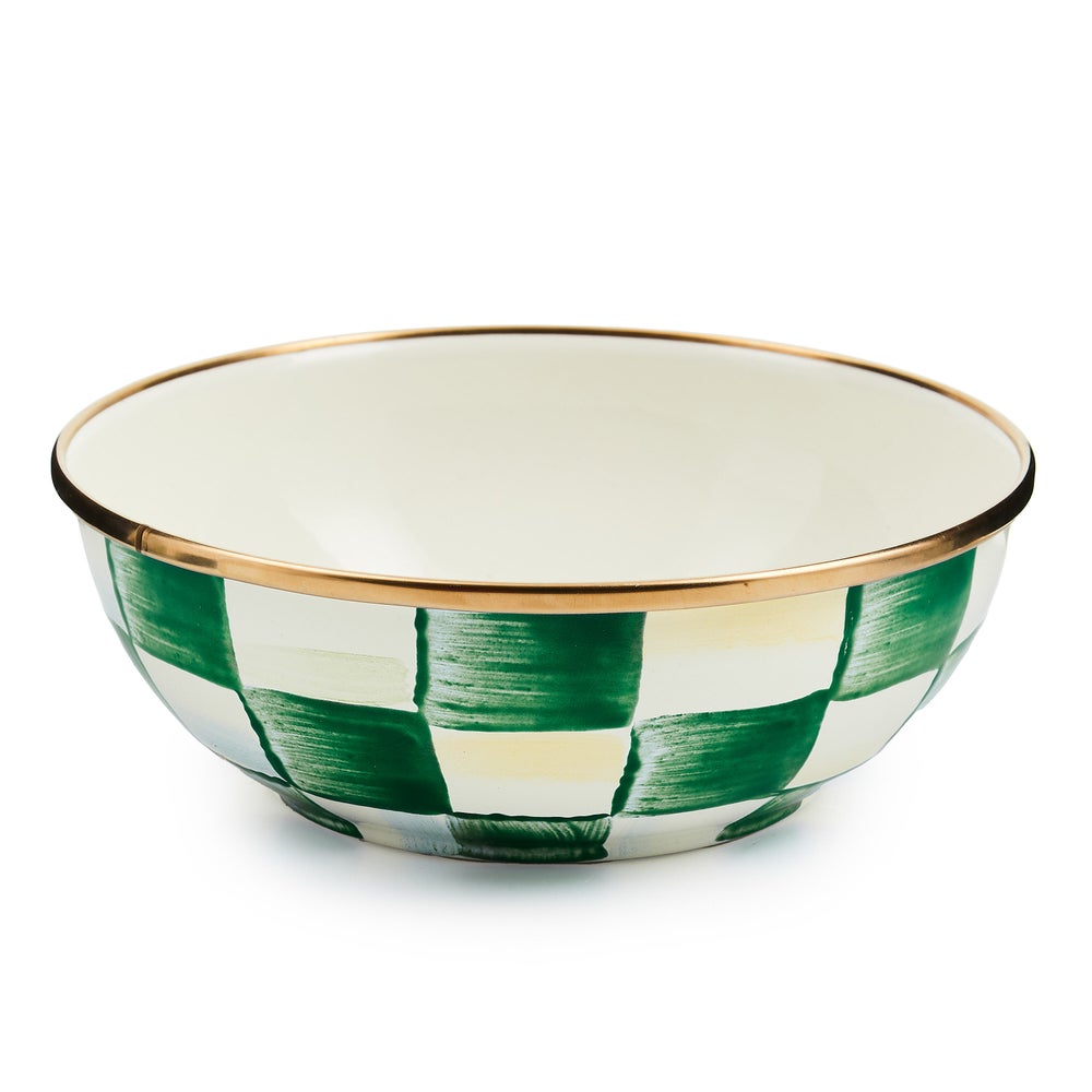 Emerald Check Everyday Bowl with hand-painted green and white checks and a bronzed rim.