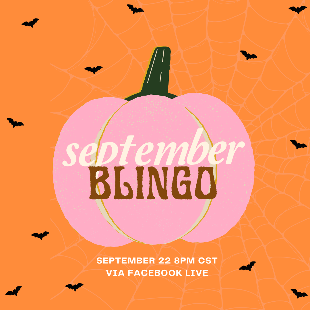 September BLINGO event graphic with a pink pumpkin, bats, and spiderwebs on an orange background.