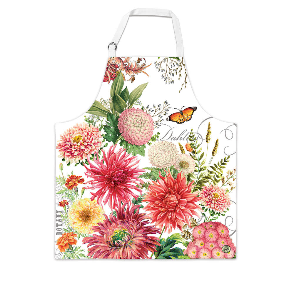 White cotton chef apron featuring a vibrant botanical print of dahlias and a butterfly.
