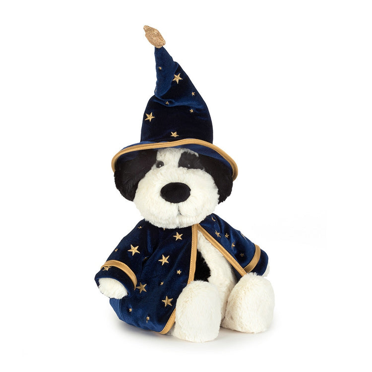 Black and white plush puppy wearing a navy blue wizard hat and cape with gold stars.