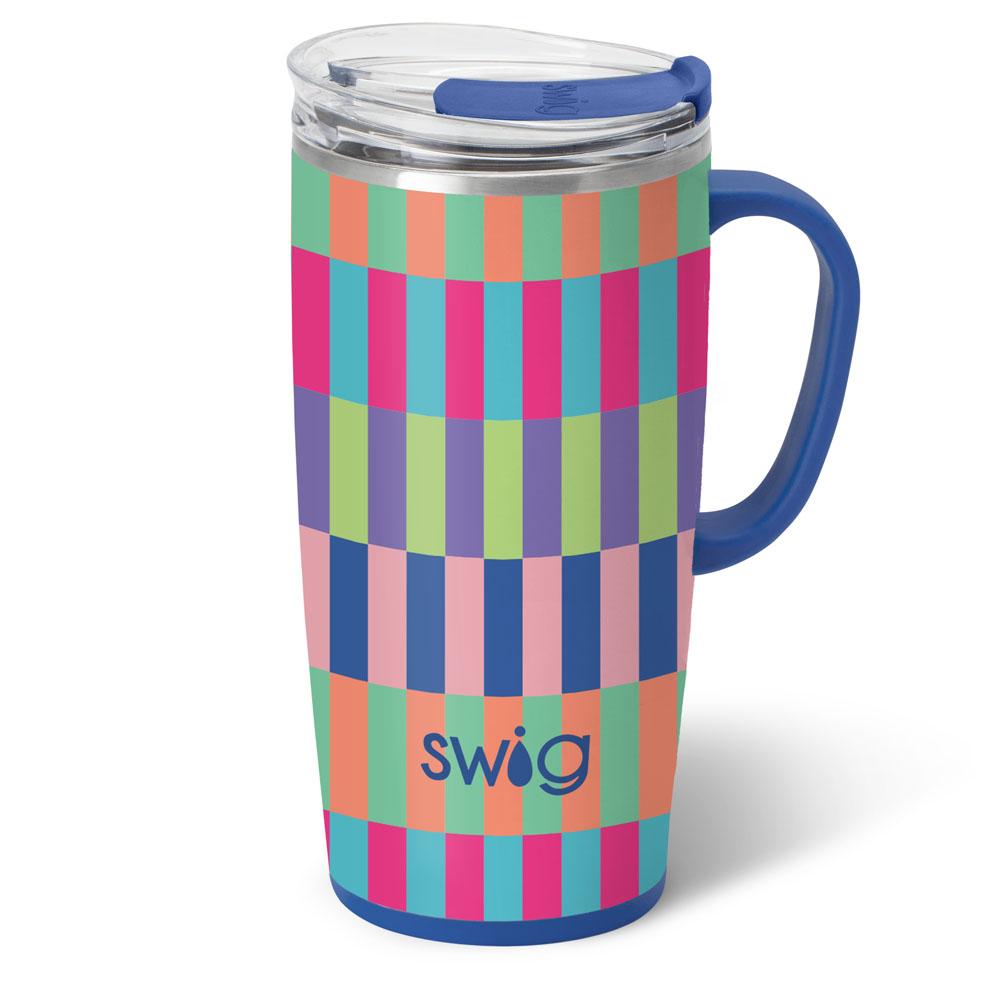 Silver stainless steel travel mug with a slim metal handle, silicone base, and large lid featuring a removable slider.