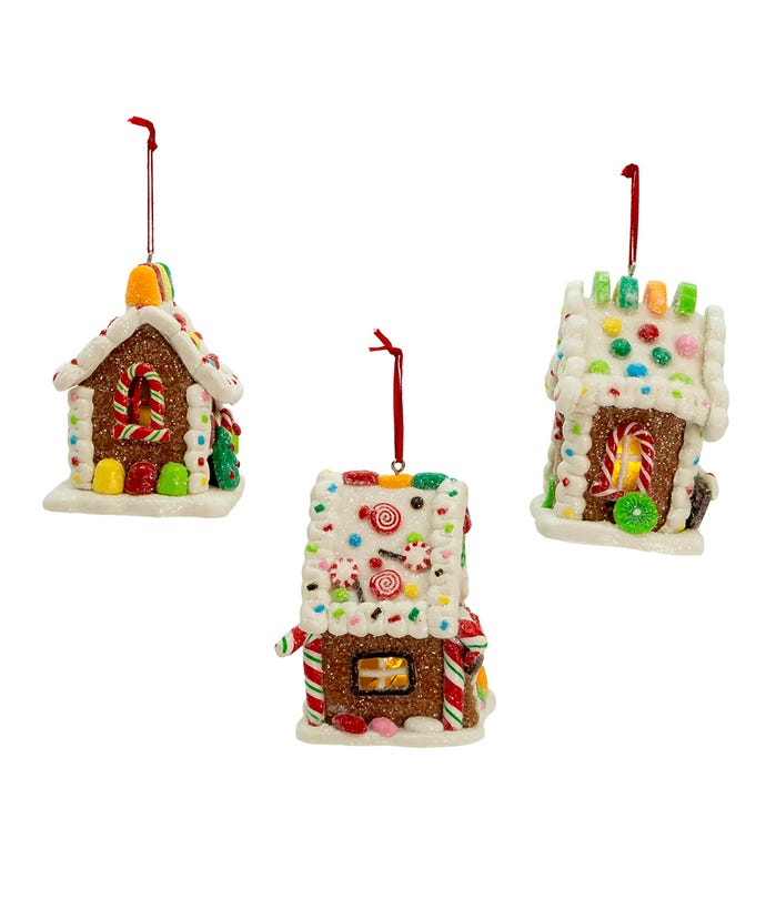 Clay gingerbread house ornament with glitter dusting and battery-operated LED lights