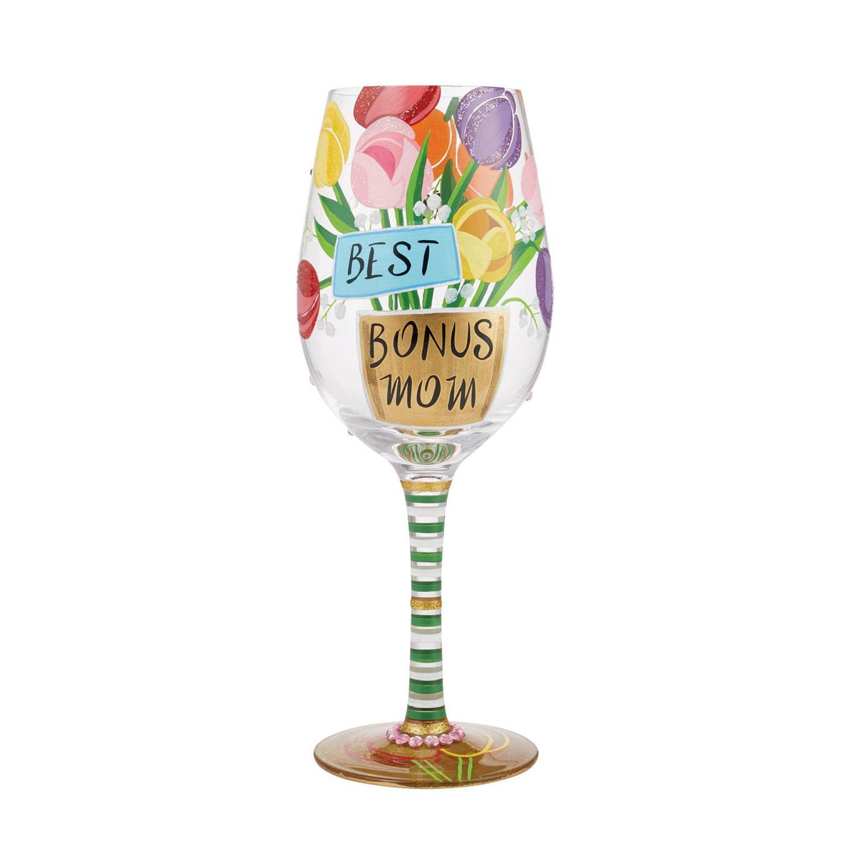 Blown glass wine glass with hand-painted cocktail recipe base and glitter accents