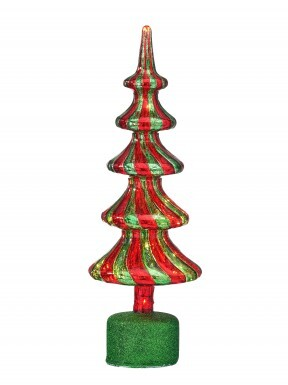 16-inch glass Christmas tree table piece with red and green stripes and a glittery green base.