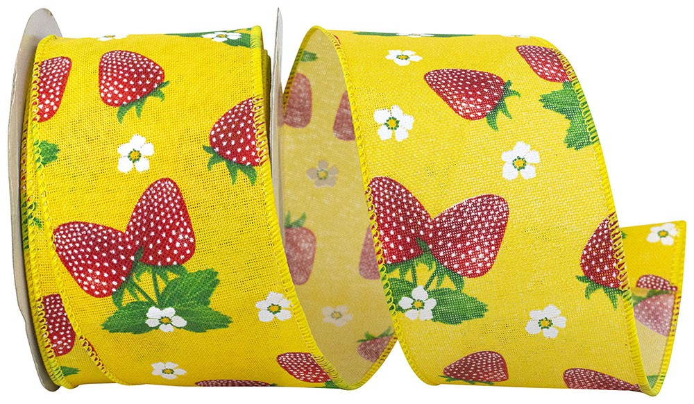 Strawberry & Blossoms wired edge trim in pink floral pattern on white polyester background.
