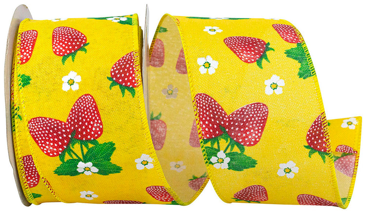 Strawberry & Blossoms wired edge trim in pink floral pattern on white polyester background.