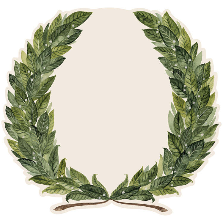 Die-cut placemat featuring a watercolor green laurel wreath on a cream background.