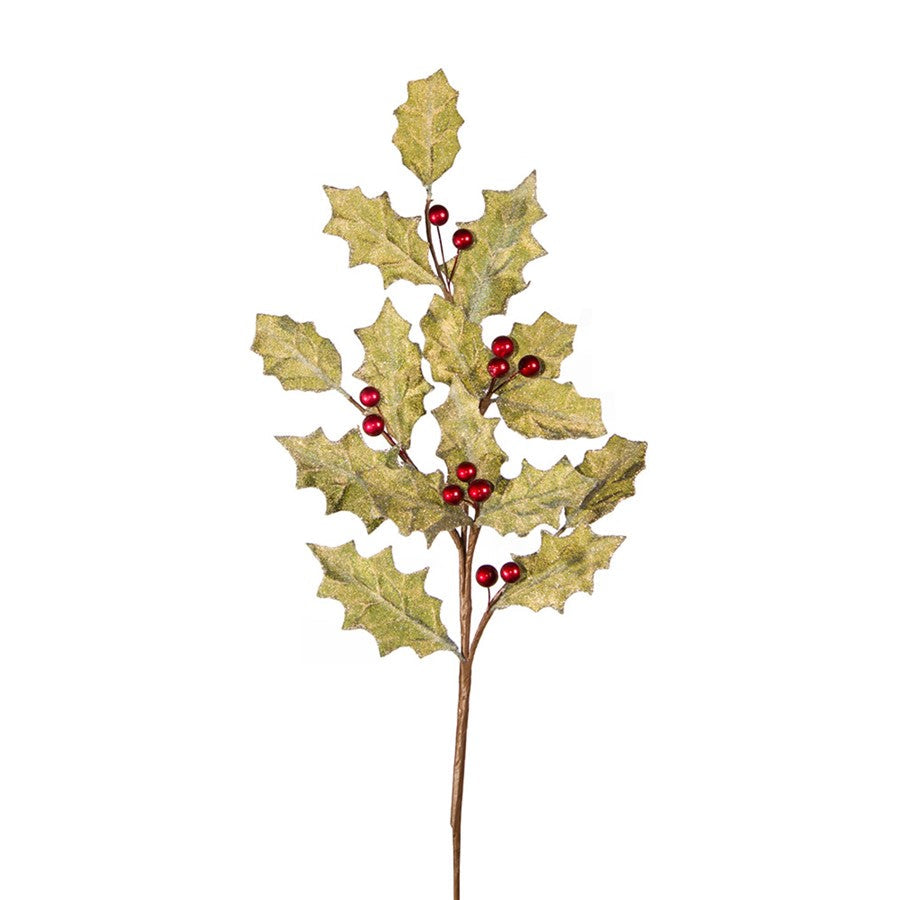 Holly spray with glittery green leaves and red berries on a brown stem.