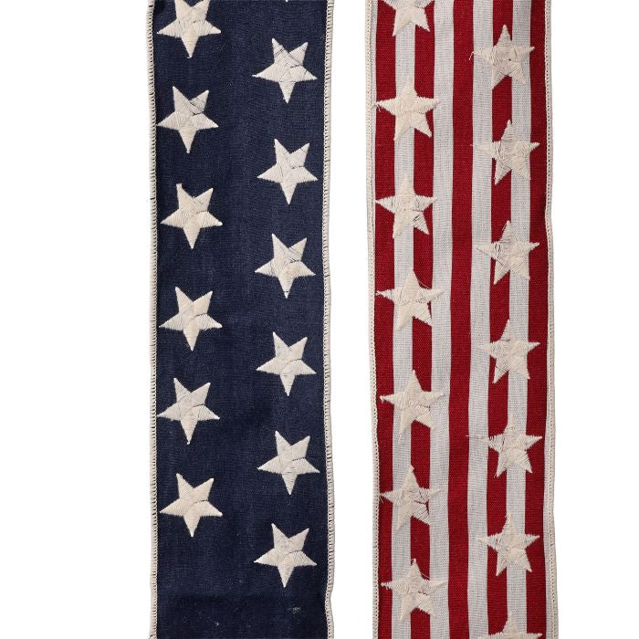 4-inch by 5-yard Americana star ribbon with a patriotic red white blue pattern.