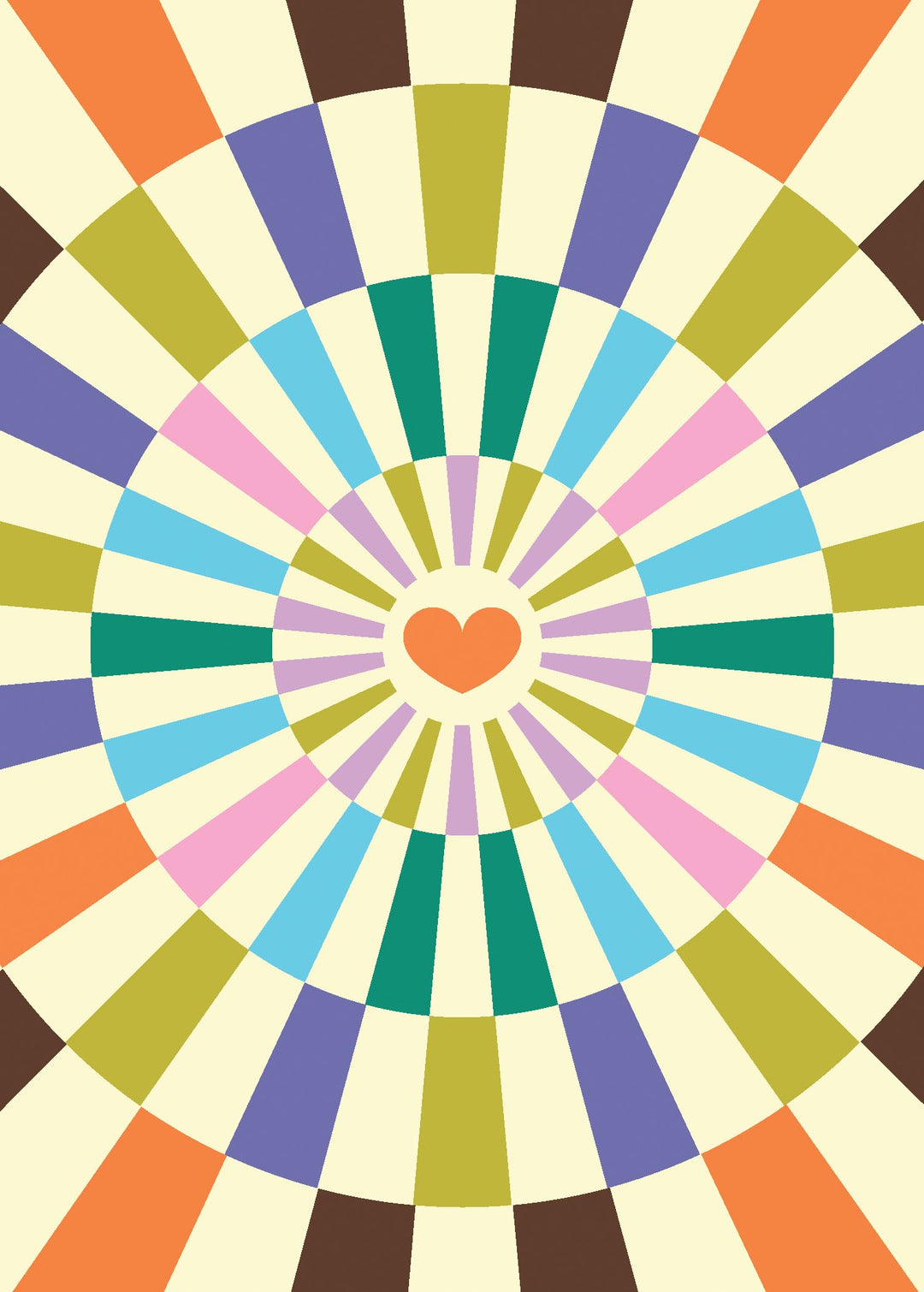 Infinite Love Greeting Card with a radial pattern of colorful blocks and a central orange heart.