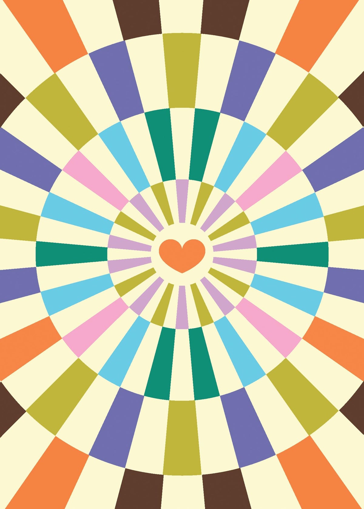 Infinite Love Greeting Card with a radial pattern of colorful blocks and a central orange heart.
