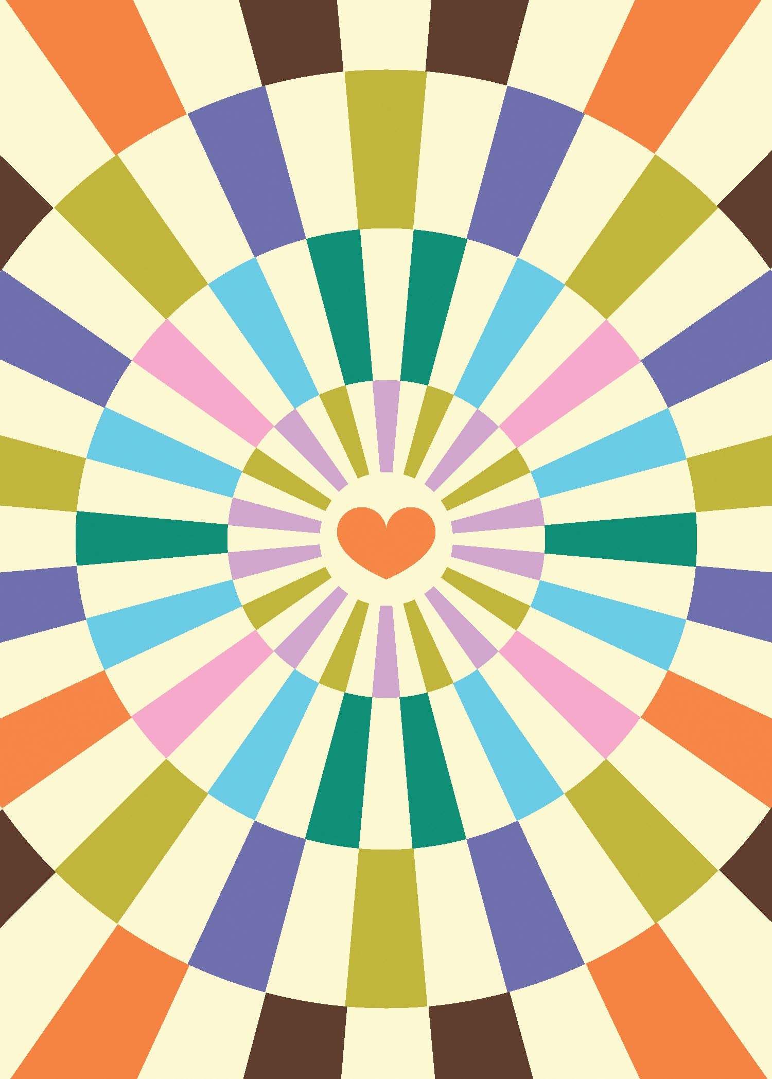 Infinite Love Greeting Card with a radial pattern of colorful blocks and a central orange heart.