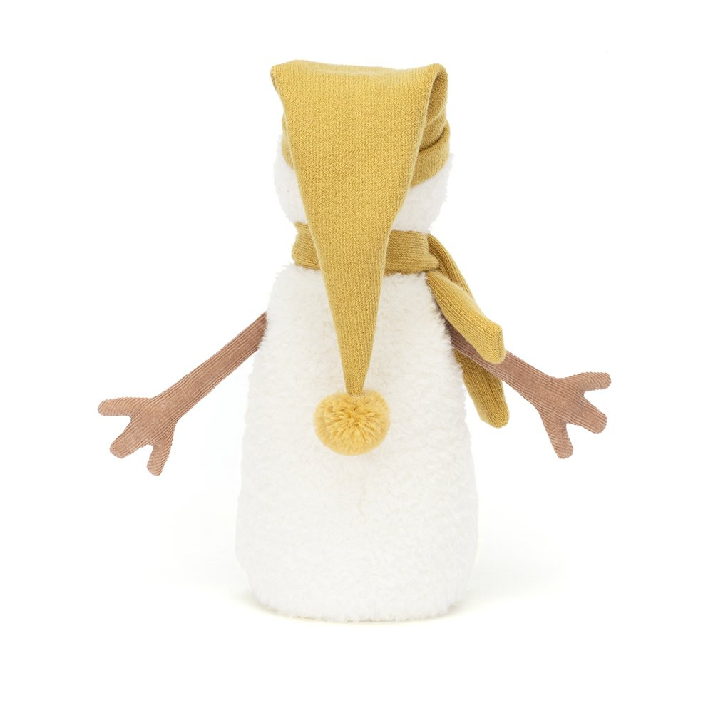 A fluffy white snowman plush toy wearing a yellow knitted hat and scarf with a yellow pompom.