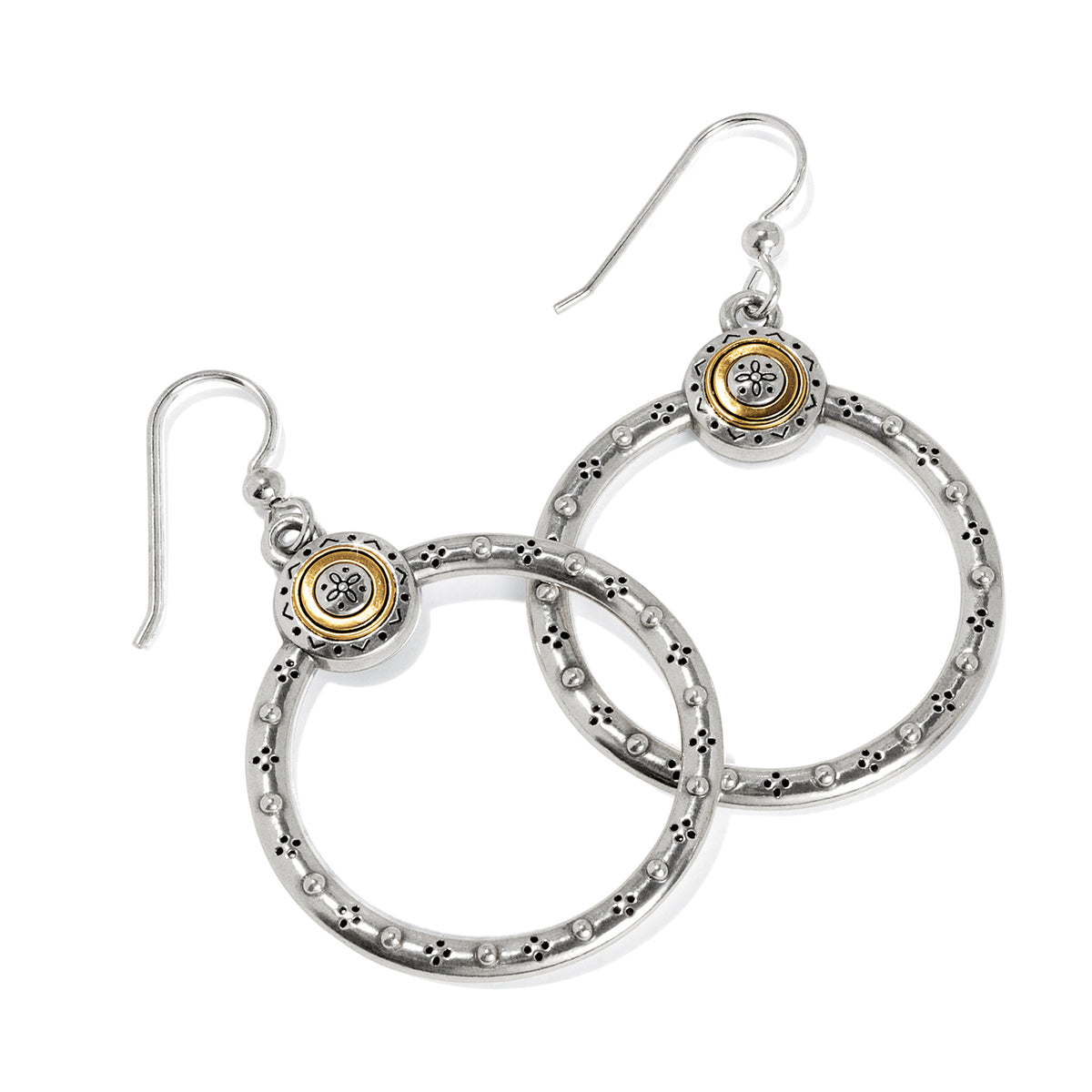 Mosaic two-tone silver and gold French wire hoop earrings with intricate patterned details.