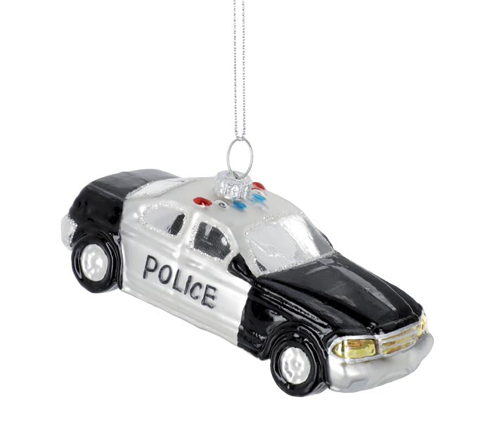 Hand-painted black and white pressed glass police car ornament with silver loop hanger.