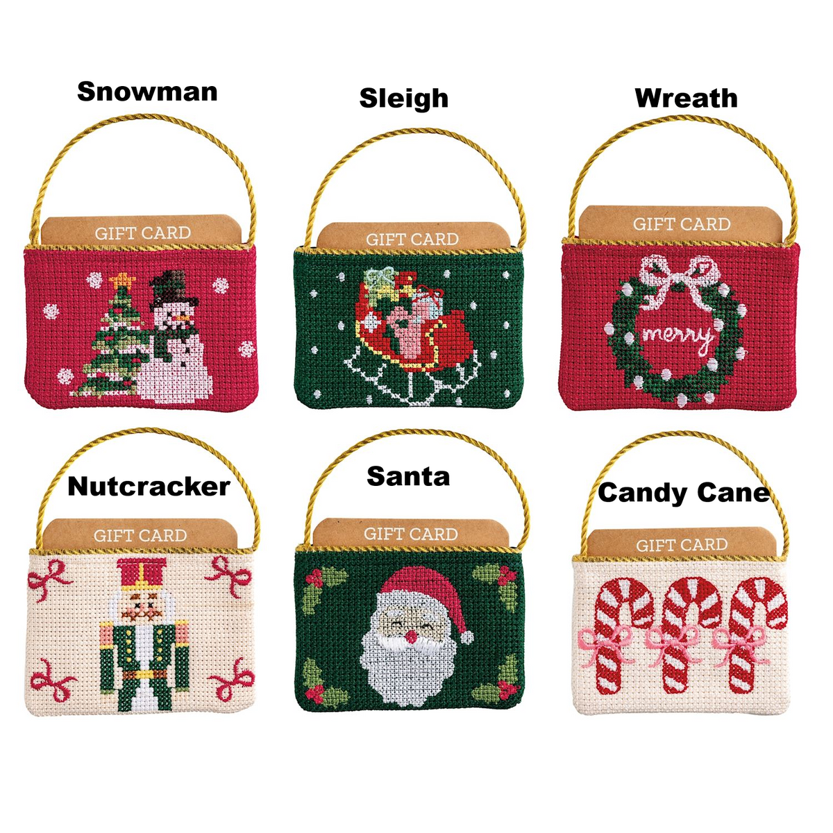 Six needlepoint gift card pouches with Christmas designs: Snowman, Sleigh, Wreath, Nutcracker, Santa.