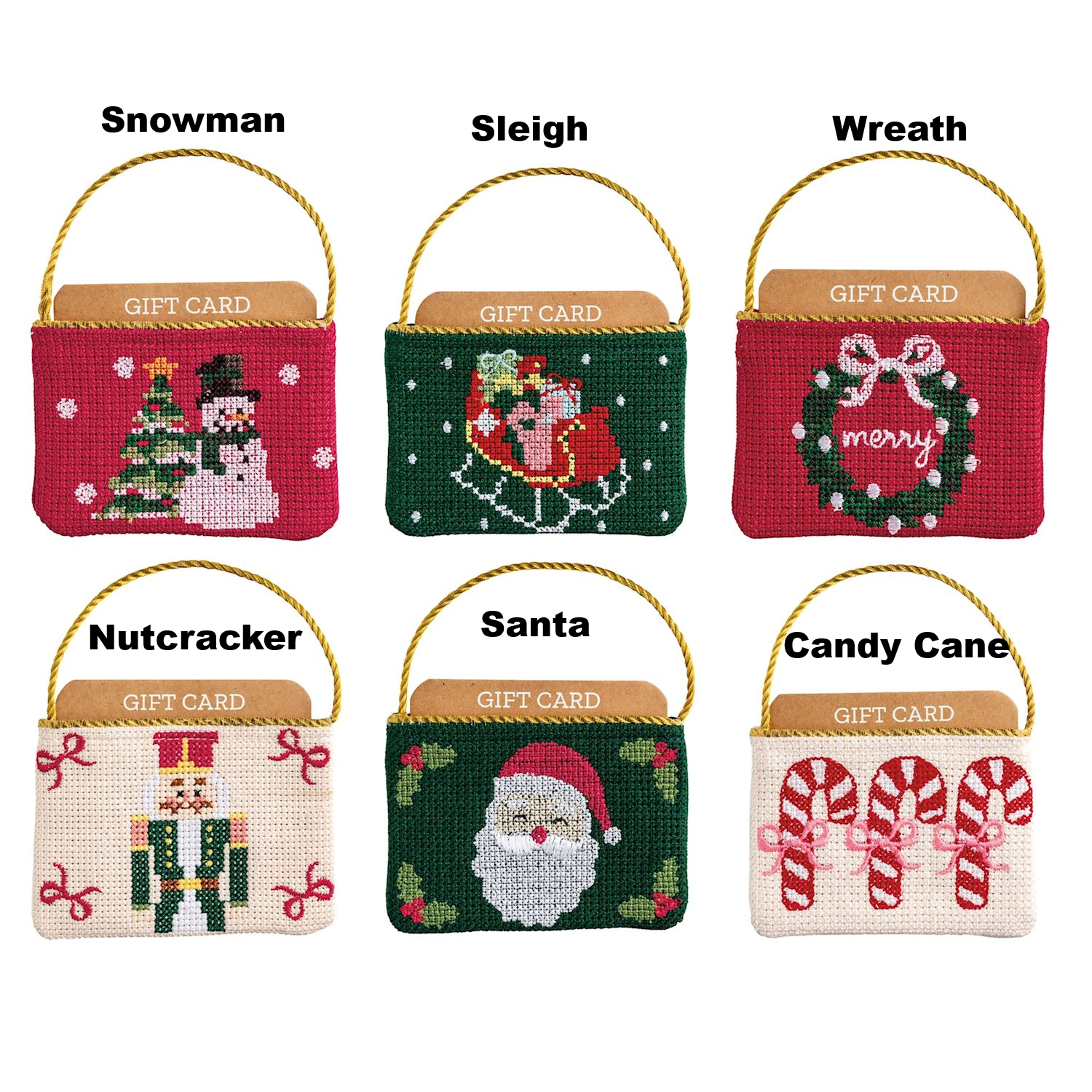 Six needlepoint gift card pouches with Christmas designs: Snowman, Sleigh, Wreath, Nutcracker, Santa.