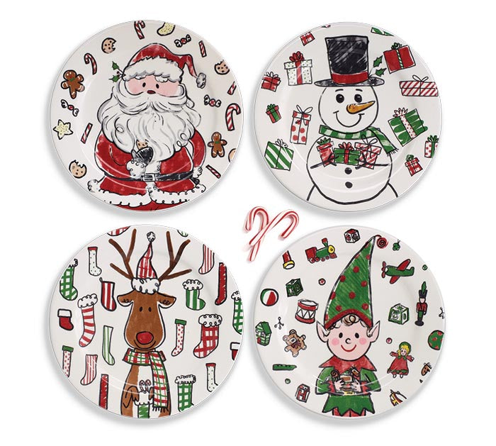 Jingle Pals character plates featuring festive holiday designs on a white ceramic surface.