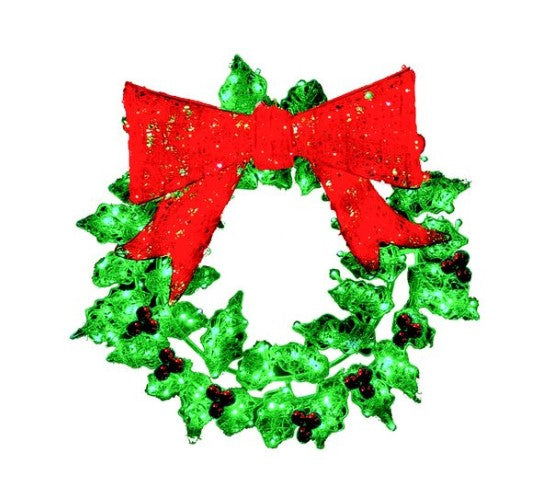 34-inch lighted holly wreath with green plastic leaves on an iron frame featuring 445 warm white LED lights and a UL outdoor adapter.