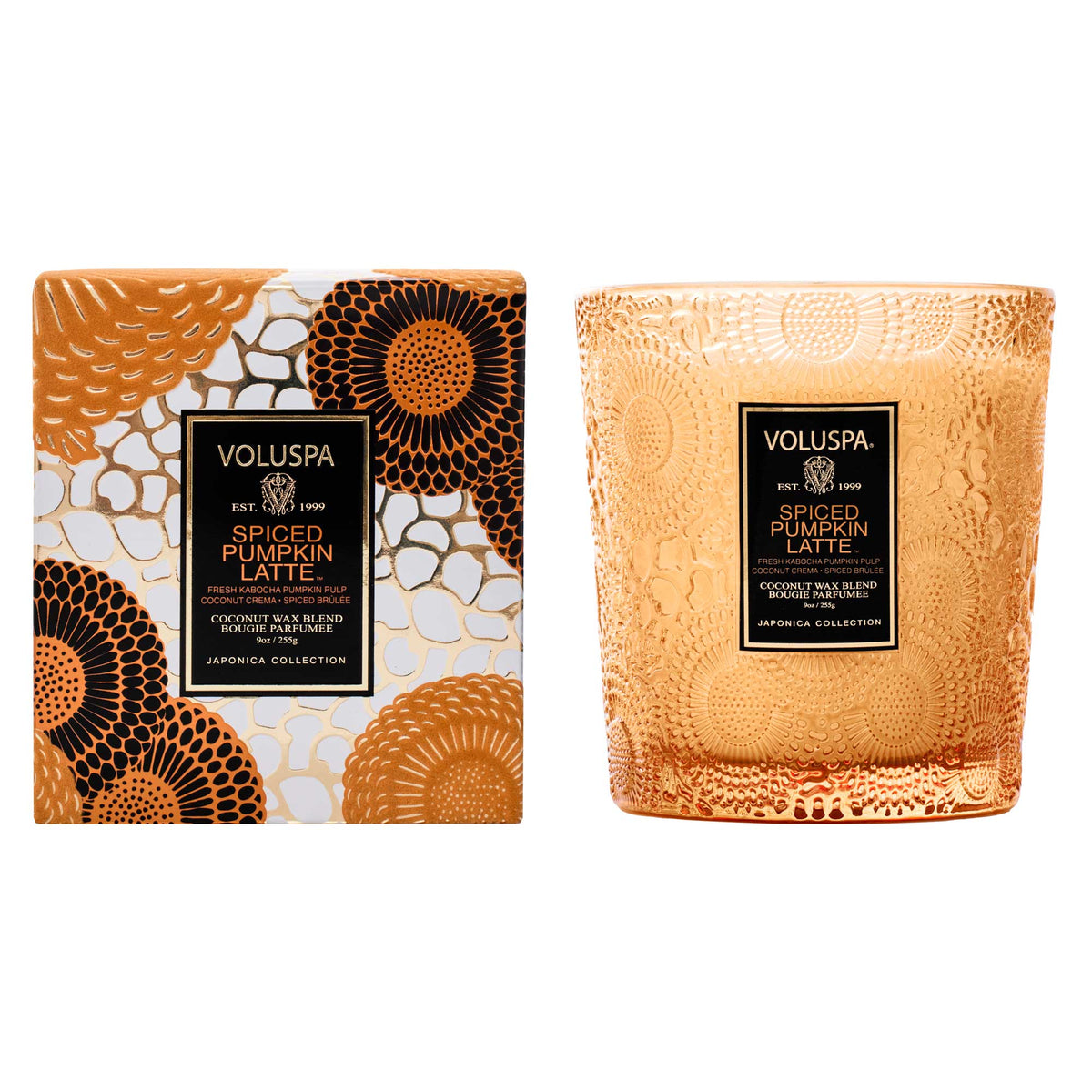 Spiced Pumpkin Latte Classic Candle in a clear glass jar with natural wick
