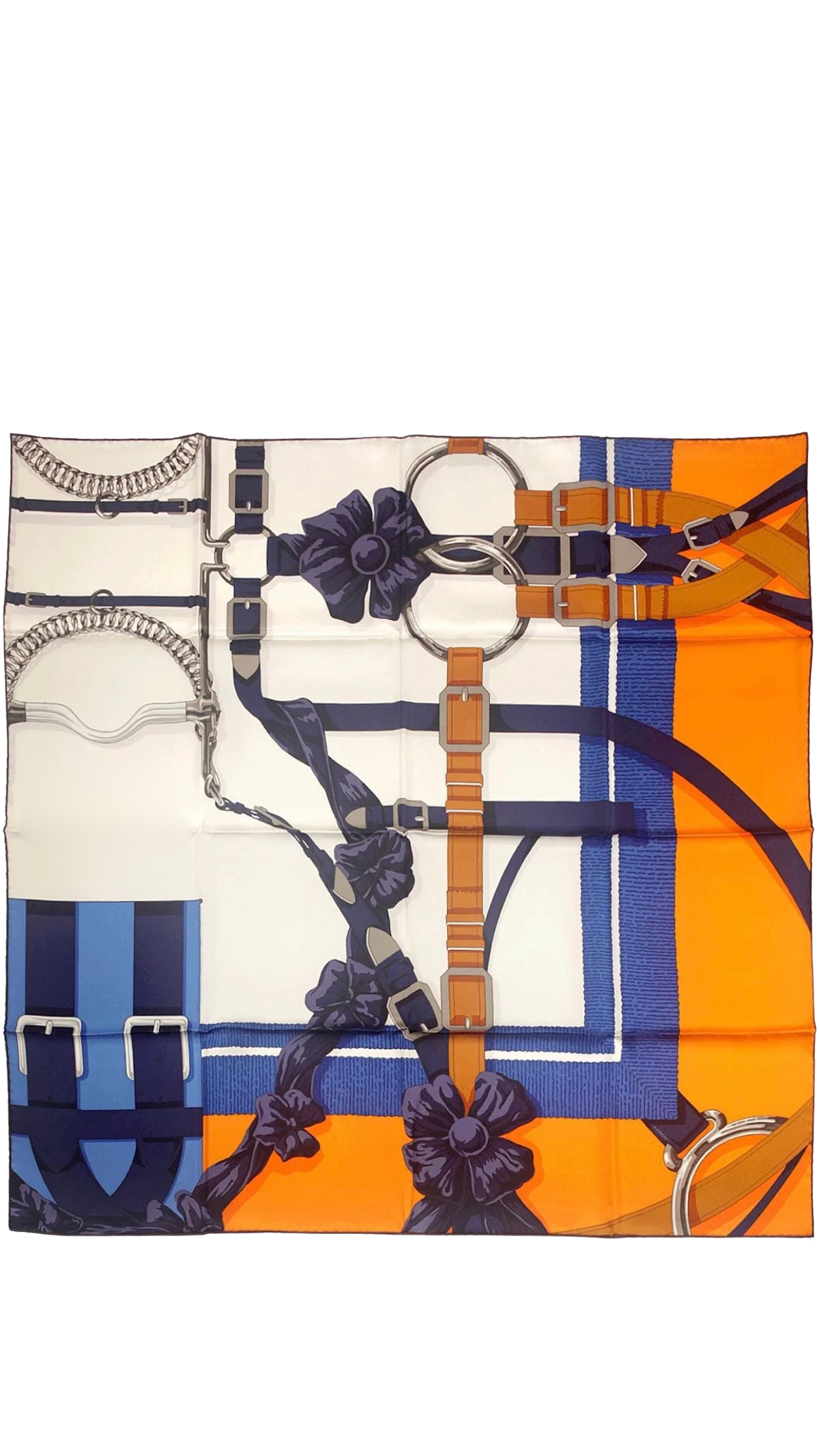 Silk square scarf with an equestrian harness design in orange, blue, and white.