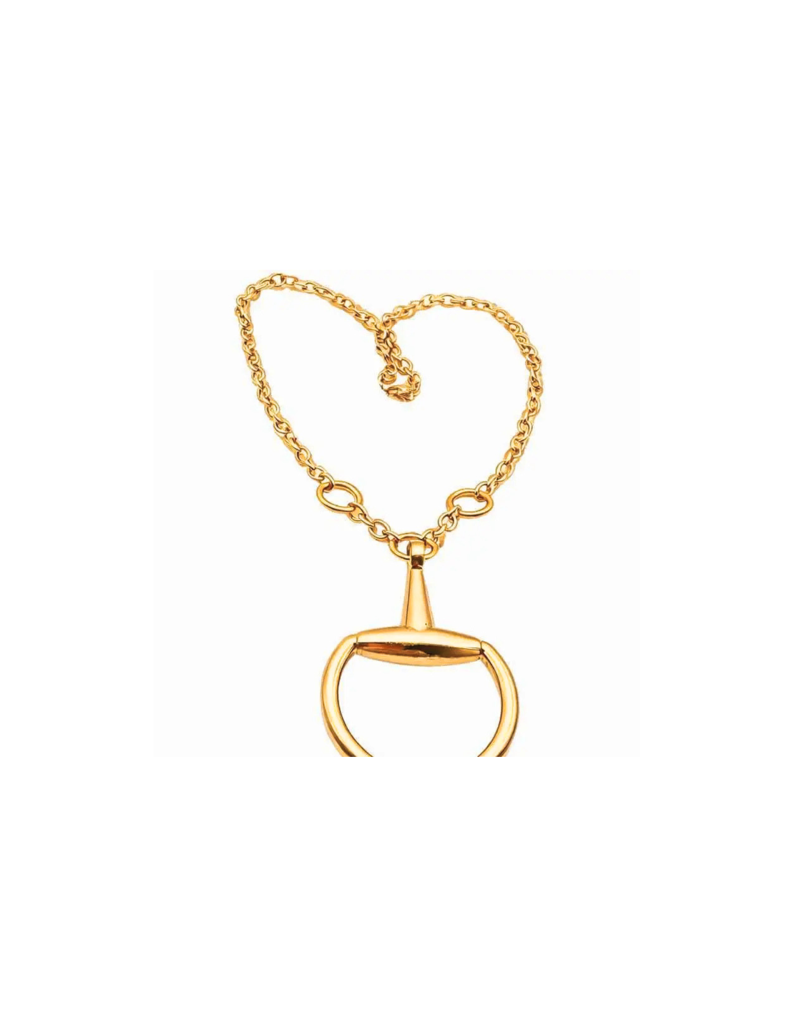 Polished gold horsebit pendant on a matching link chain necklace.