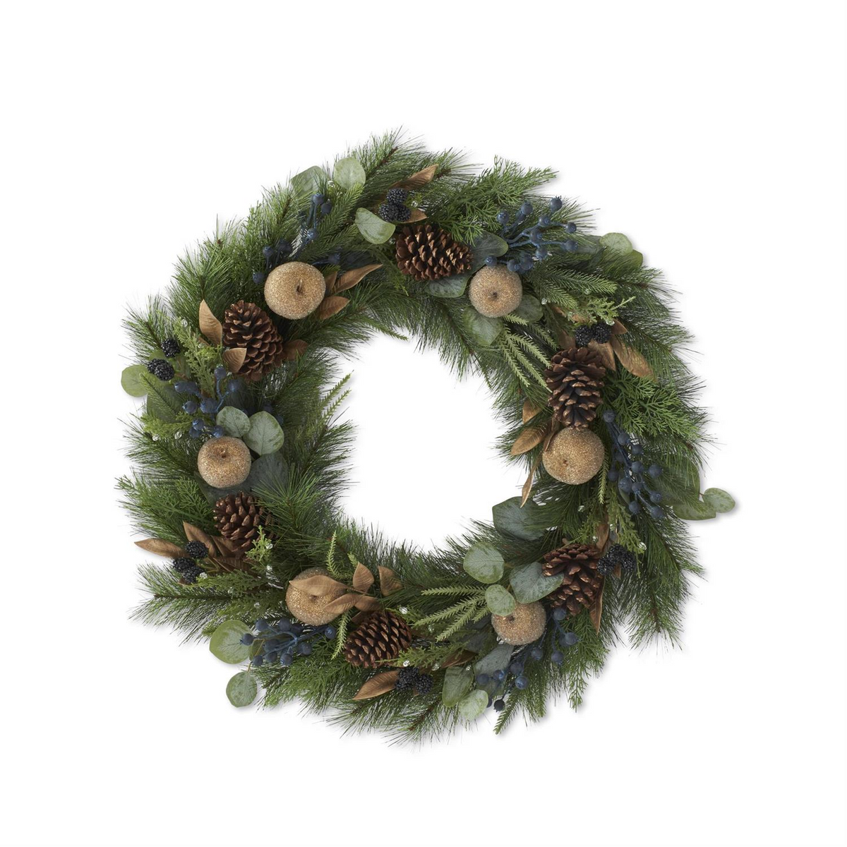 30-inch mixed pine wreath featuring gold leaves, glittery apples, pine cones, and blue berries.