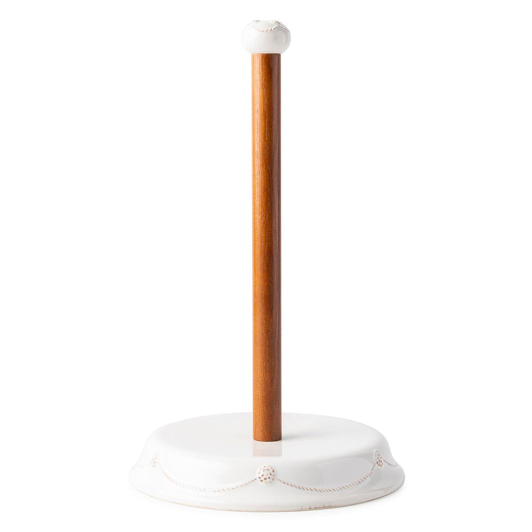 Ceramic paper towel holder in whitewash finish with a square ceramic silhouette.