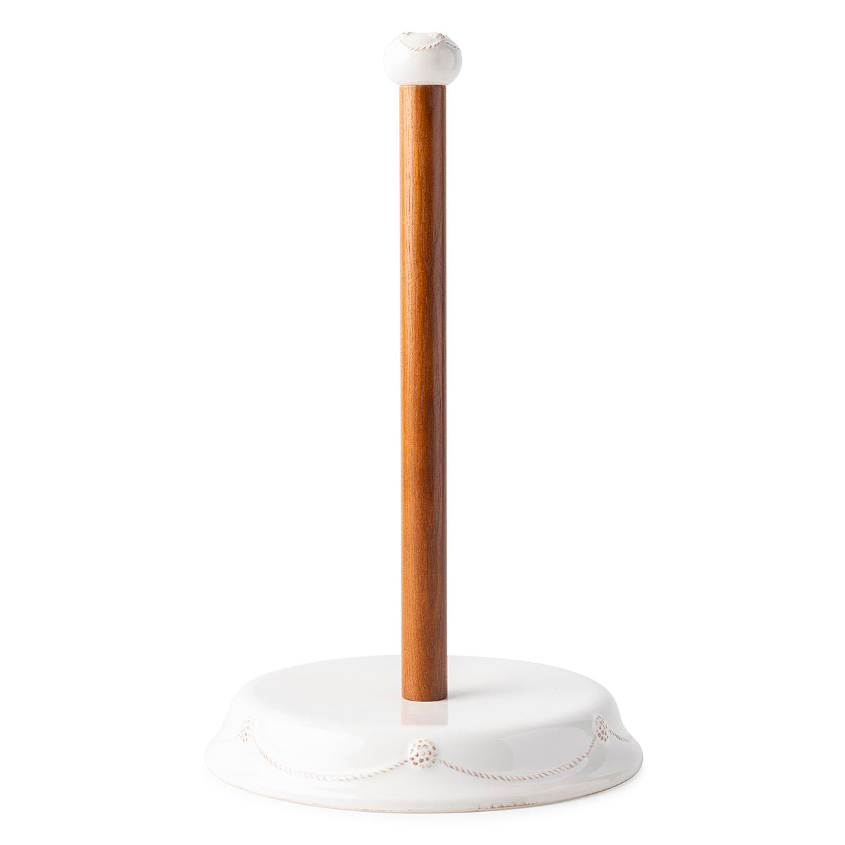 Ceramic paper towel holder in whitewash finish with a square ceramic silhouette.