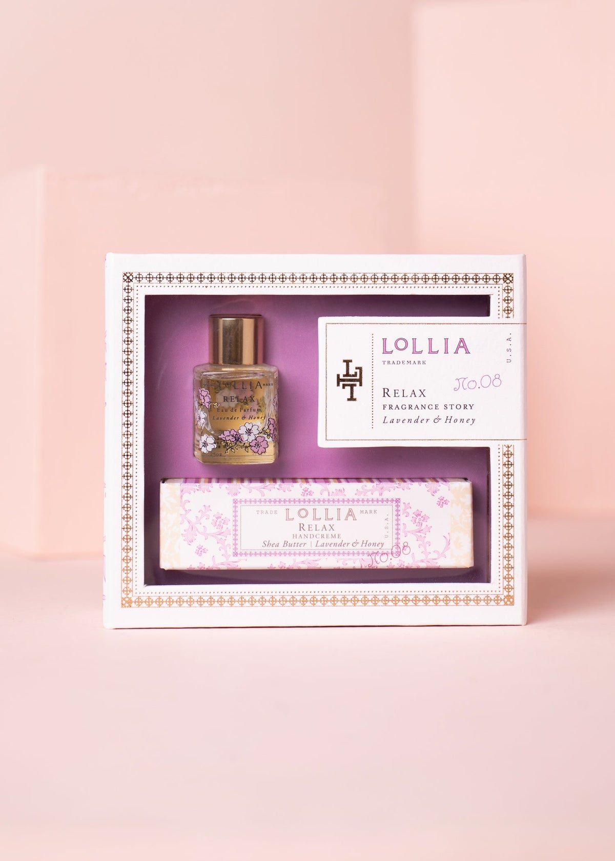 Gift box containing Little Luxe Eau de Parfum and Shea Butter Handcreme with golden accents