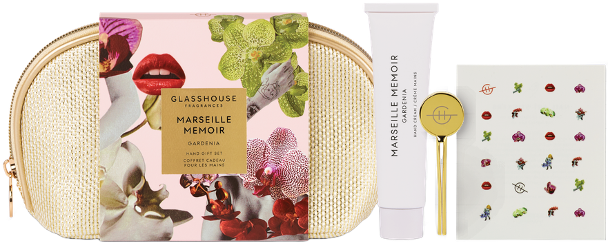 Marseille Memoir Gardenia hand gift set with cream tube, nail stickers, and key in illustrated cosmetic case.