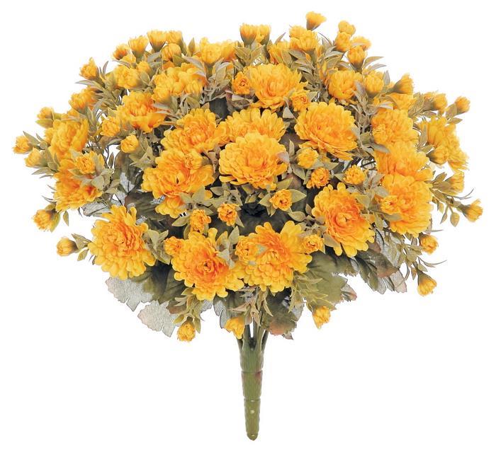 Mini Mum Bush Blooms artificial floral arrangement with vibrant green foliage and small yellow flowers.