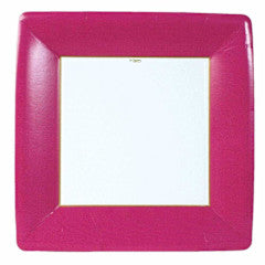 Square dinner plate with a wide magenta pink border and a white center.